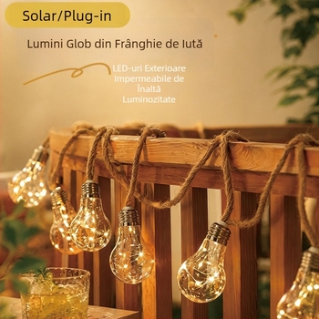 Șnur solar din cânepă, lumini glob impermeabile, fir de cupru, decor pentru grădină și Crăciun