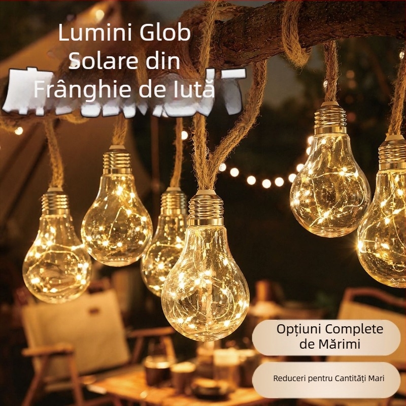 Șnur solar din cânepă, lumini glob impermeabile, fir de cupru, decor pentru grădină și Crăciun
