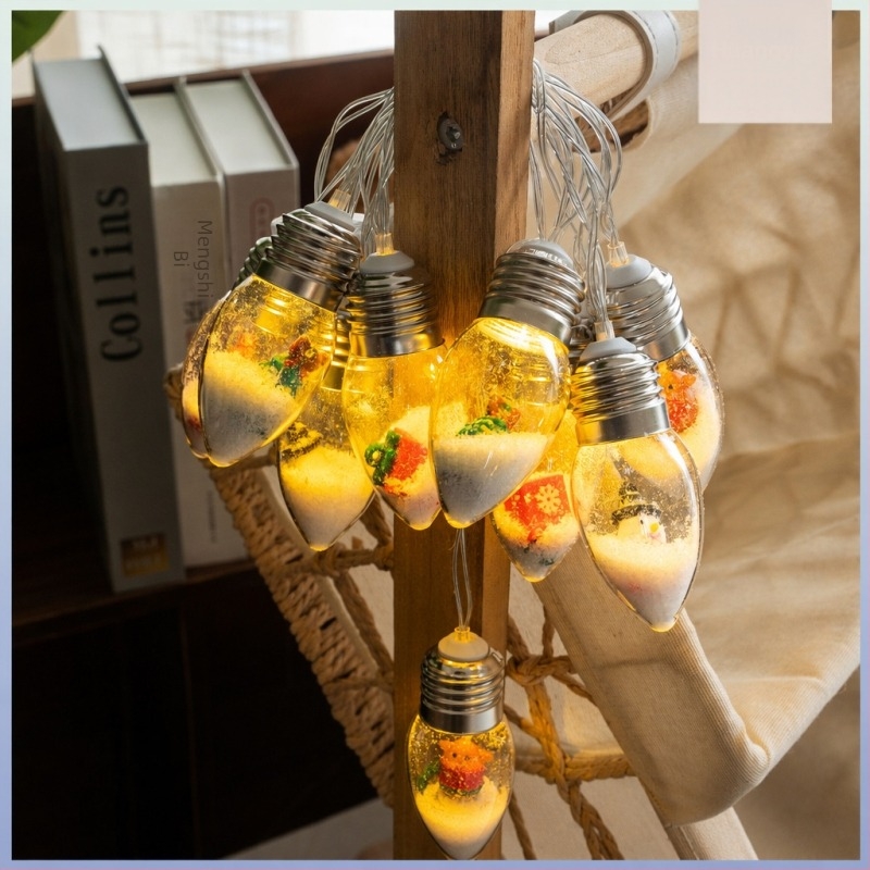 Șir de lumini LED cu forme de om de zăpadă și brad de Crăciun, becuri bulă, lumini colorate pentru decor exterior la tarabe