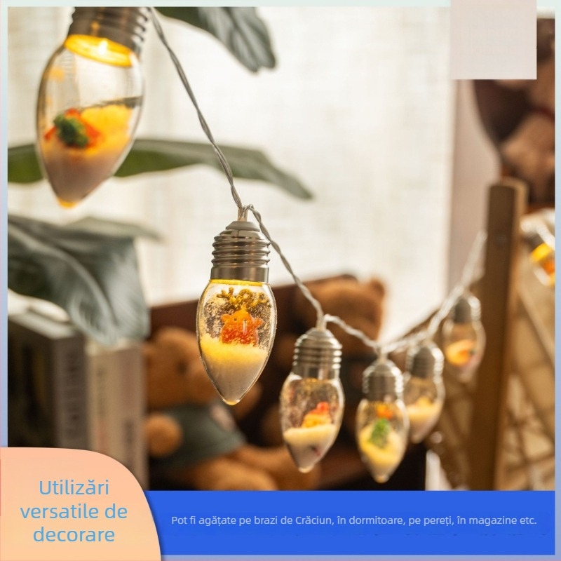 Șir de lumini LED cu forme de om de zăpadă și brad de Crăciun, becuri bulă, lumini colorate pentru decor exterior la tarabe