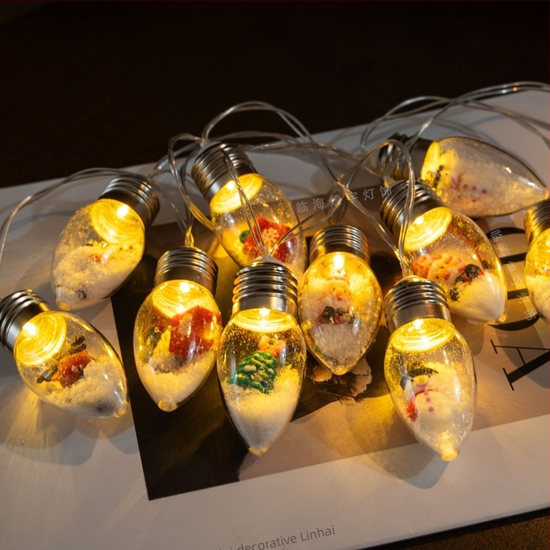 Șir de lumini LED cu forme de om de zăpadă și brad de Crăciun, becuri bulă, lumini colorate pentru decor exterior la tarabe