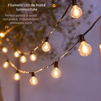 G40 șir decorativ solar de LED pentru curte, LED impermeabile pentru exterior, iluminare ambientală pentru camping și cort, USB