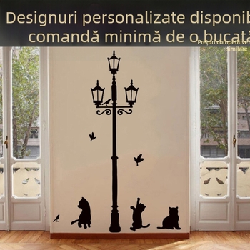 Autocolant decorativ de perete cu pisică, sub lampa stradală D, pentru living, dormitor, hol și camera copiilor