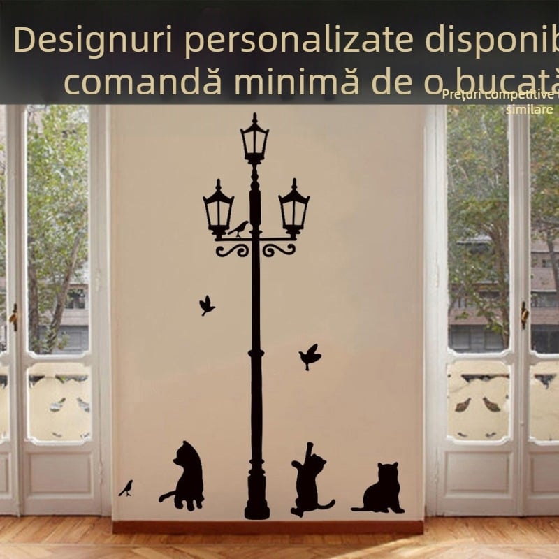 Autocolant decorativ de perete cu pisică, sub lampa stradală D, pentru living, dormitor, hol și camera copiilor