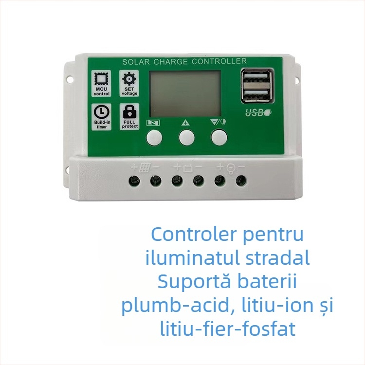Controler solar pentru baterie Li-ionă, 12-24V, 10A/20A/30A, ieșire USB dublă, pentru iluminat stradal solar