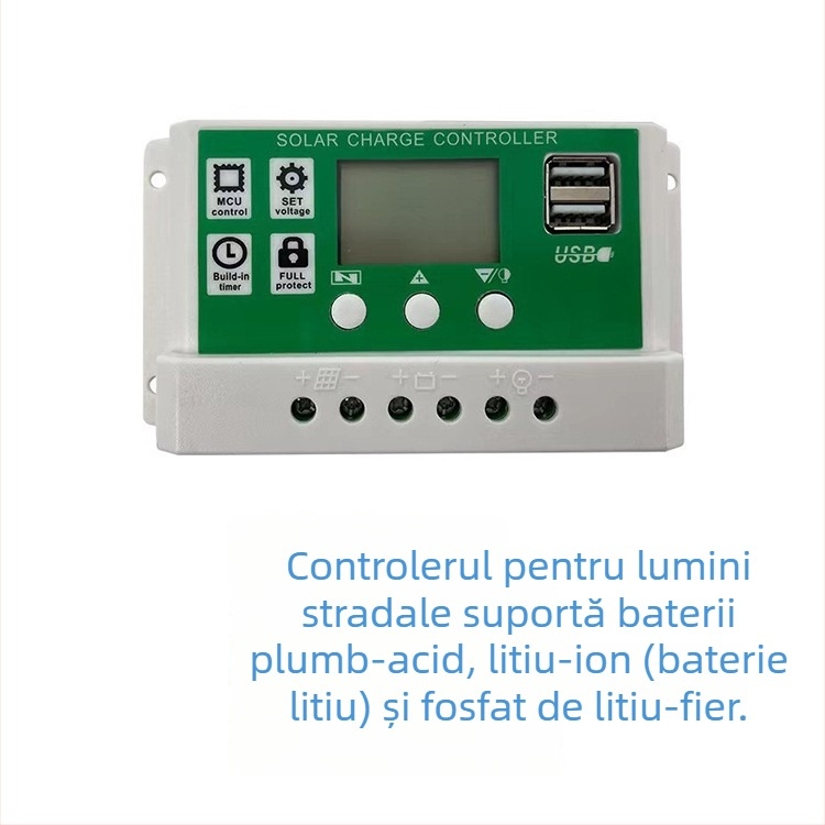 Controler solar pentru baterie Li-ionă, 12-24V, 10A/20A/30A, ieșire USB dublă, pentru iluminat stradal solar