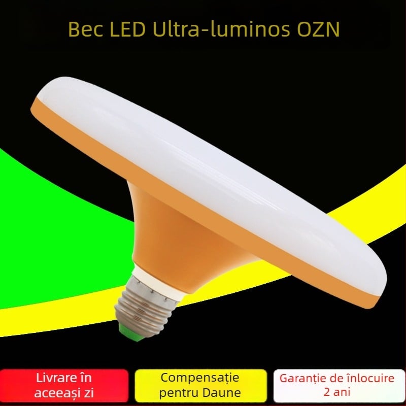 Lampa LED UFO pentru tavan, bază E27, 30-50W, formă disc, finisaj auriu, economie de energie.