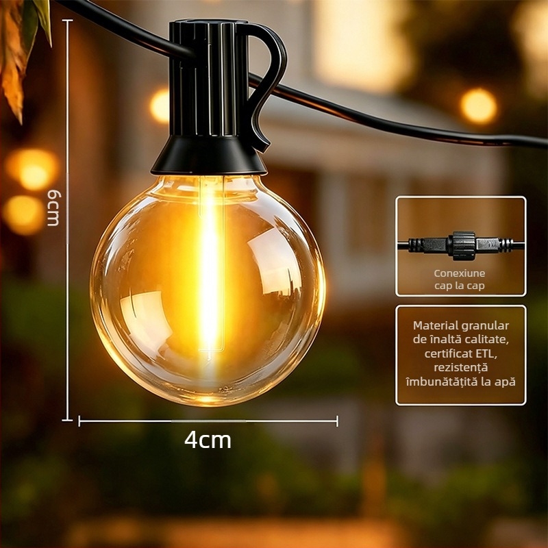 Șir LED G40 solar de 24V cu telecomandă – iluminat ambiental exterior pentru camping și grădină