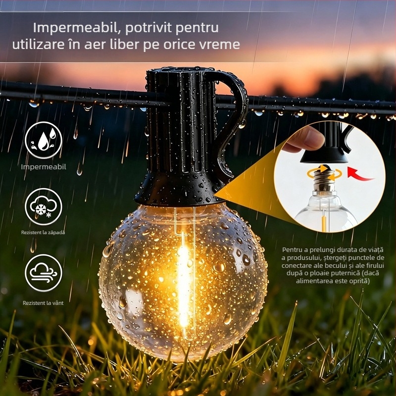 Șir LED G40 solar de 24V cu telecomandă – iluminat ambiental exterior pentru camping și grădină