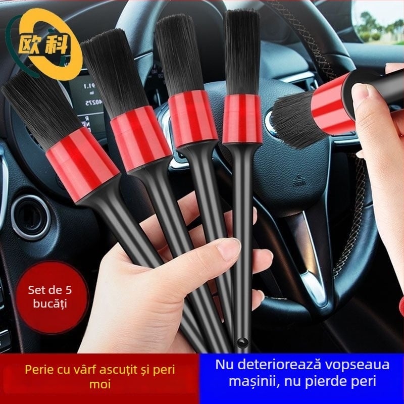 Set de 5 pensule pentru detailing auto, perii moi pentru spațiile interioare, negru și roșu