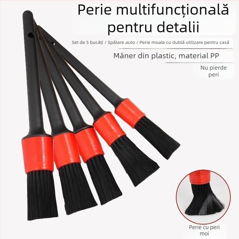 Set de 5 pensule pentru detailing auto, perii moi pentru spațiile interioare, negru și roșu