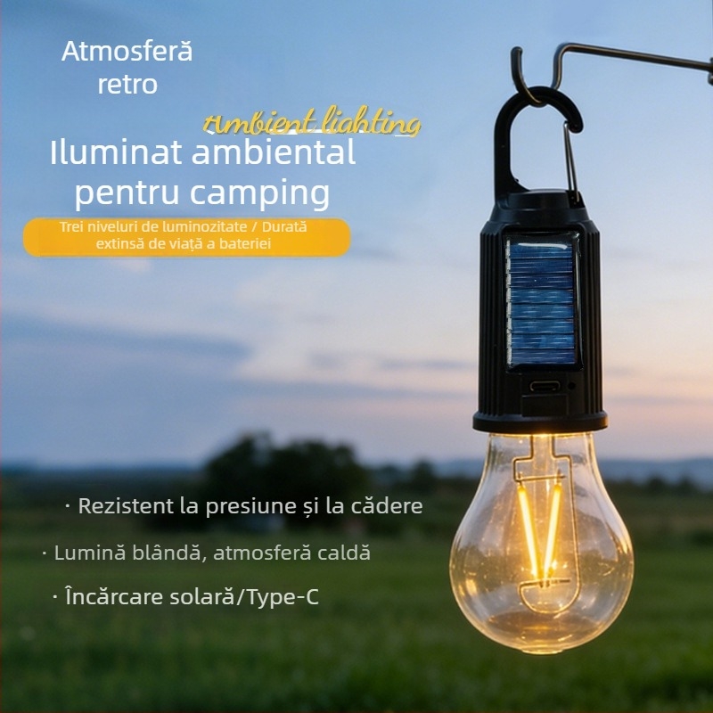 Lampă solară pentru camping, reîncărcabilă, stil retro, lampă LED cu filament wolfram, iluminare de urgență pentru exterior