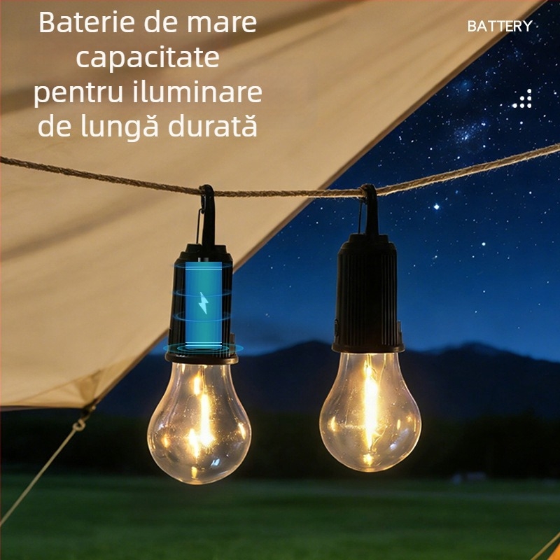 Lampă solară pentru camping, reîncărcabilă, stil retro, lampă LED cu filament wolfram, iluminare de urgență pentru exterior