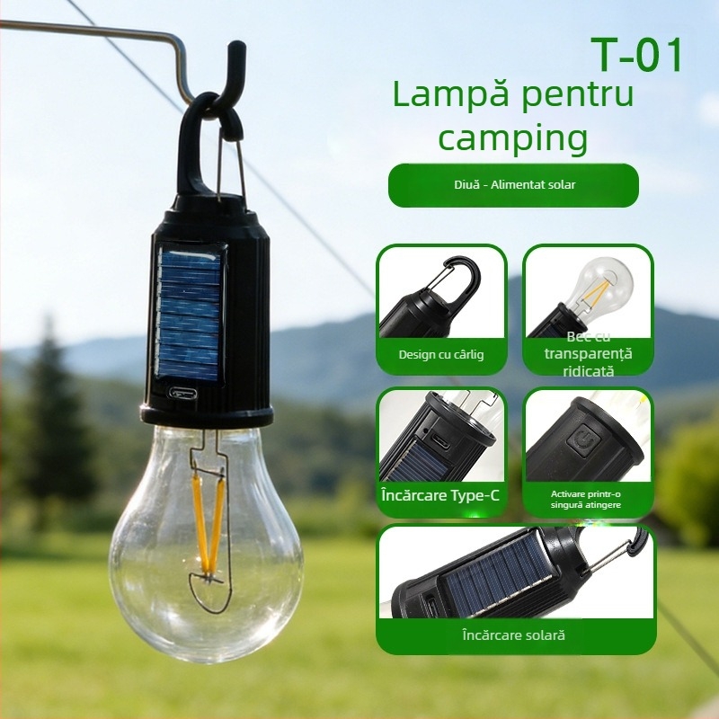 Lampă solară pentru camping, reîncărcabilă, stil retro, lampă LED cu filament wolfram, iluminare de urgență pentru exterior