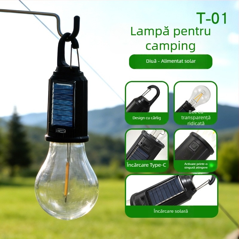 Lampă solară pentru camping, reîncărcabilă, stil retro, lampă LED cu filament wolfram, iluminare de urgență pentru exterior
