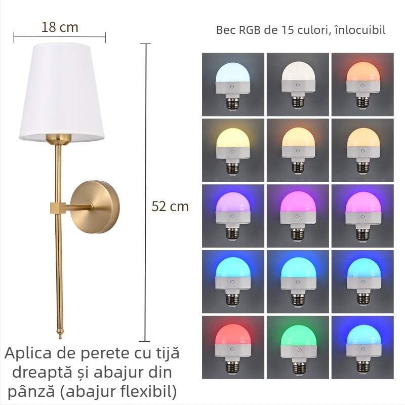 Lampa de perete cu abajur din țesătură, tijă dreaptă, decorativ pentru hol, dormitor și sufragerie, nuanță crem.