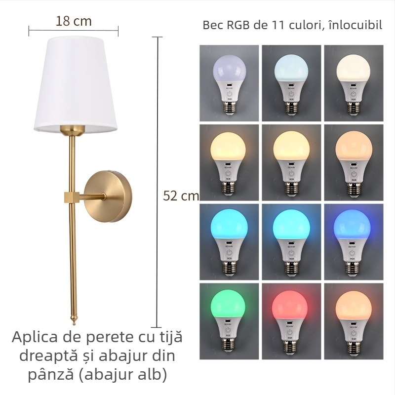 Lampa de perete cu abajur din țesătură, tijă dreaptă, decorativ pentru hol, dormitor și sufragerie, nuanță crem.