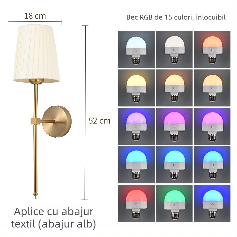 Lampa de perete cu abajur din țesătură, tijă dreaptă, decorativ pentru hol, dormitor și sufragerie, nuanță crem.