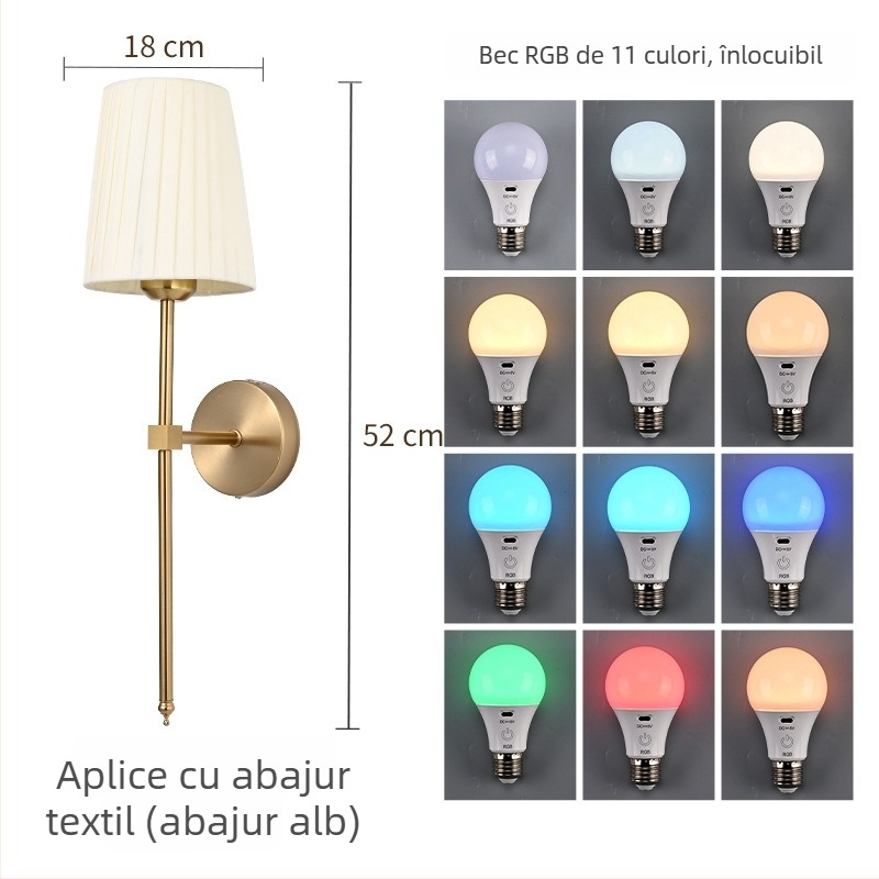 Lampa de perete cu abajur din țesătură, tijă dreaptă, decorativ pentru hol, dormitor și sufragerie, nuanță crem.