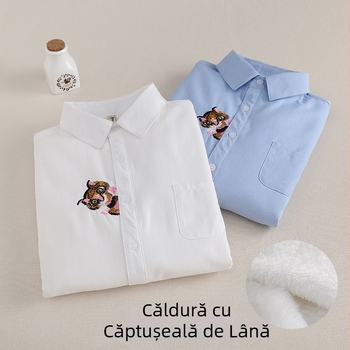 Cămașă de femei cu mânecă lungă, stil coreean, Oxford din bumbac, broderie, căptușită cu fleece, alb solid, strat de bază cald