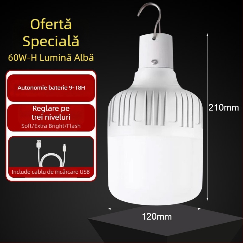 Lampă LED reîncărcabilă cu baterie încorporată, bază E14, 600 lm, fascicul de 170°, IP42, rezistentă la apă pentru exterior, iluminare de urgență, economie de energie, potrivită pentru expoziții