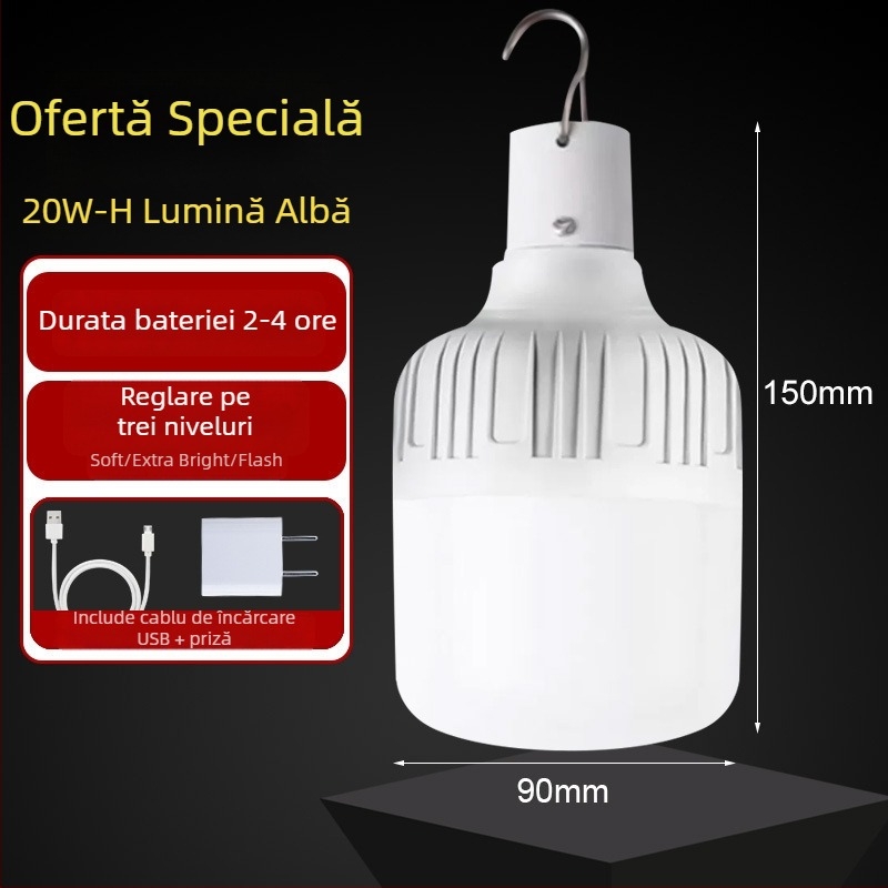 Lampă LED reîncărcabilă cu baterie încorporată, bază E14, 600 lm, fascicul de 170°, IP42, rezistentă la apă pentru exterior, iluminare de urgență, economie de energie, potrivită pentru expoziții