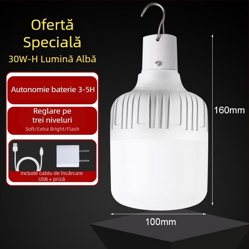 Lampă LED reîncărcabilă cu baterie încorporată, bază E14, 600 lm, fascicul de 170°, IP42, rezistentă la apă pentru exterior, iluminare de urgență, economie de energie, potrivită pentru expoziții