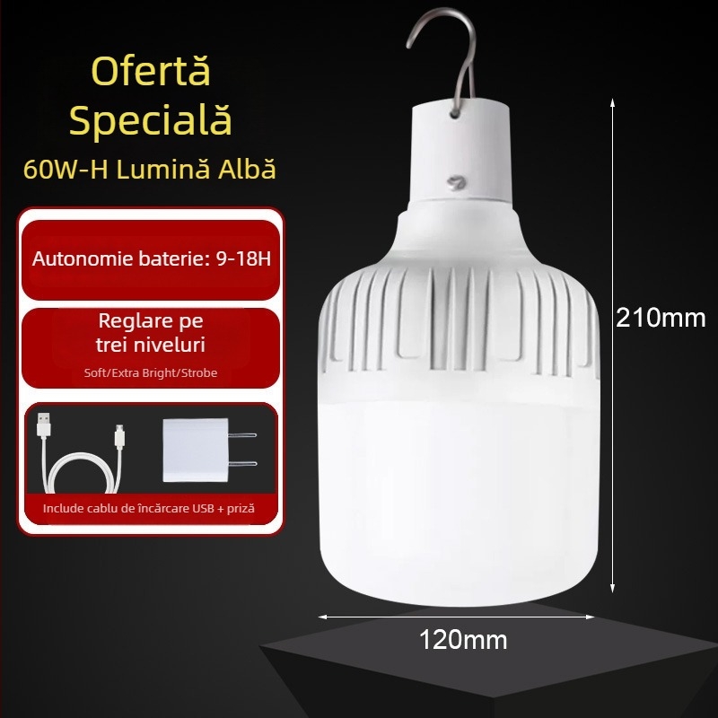Lampă LED reîncărcabilă cu baterie încorporată, bază E14, 600 lm, fascicul de 170°, IP42, rezistentă la apă pentru exterior, iluminare de urgență, economie de energie, potrivită pentru expoziții