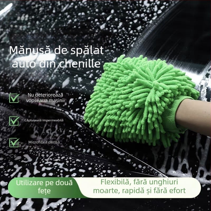 Mănuși de spălat mașina din chenille microfibră, căptușite cu fleece și burete gros, curățare fără zgârieturi pe vopsea