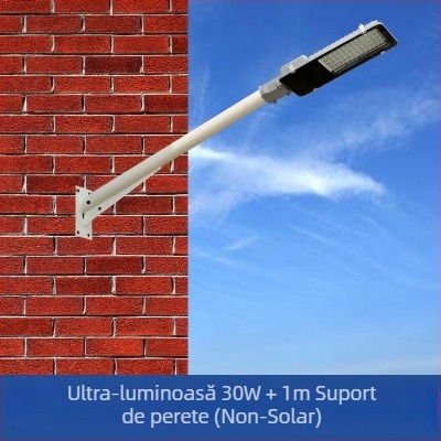 Stâlp solar pentru iluminat stradal, cu braț de montaj și clemă de perete, țeavă din oțel galvanizat, model FJN080, 495×215×60 mm, LED 30W, 220V