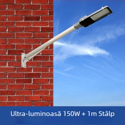 Stâlp solar pentru iluminat stradal, cu braț de montaj și clemă de perete, țeavă din oțel galvanizat, model FJN080, 495×215×60 mm, LED 30W, 220V