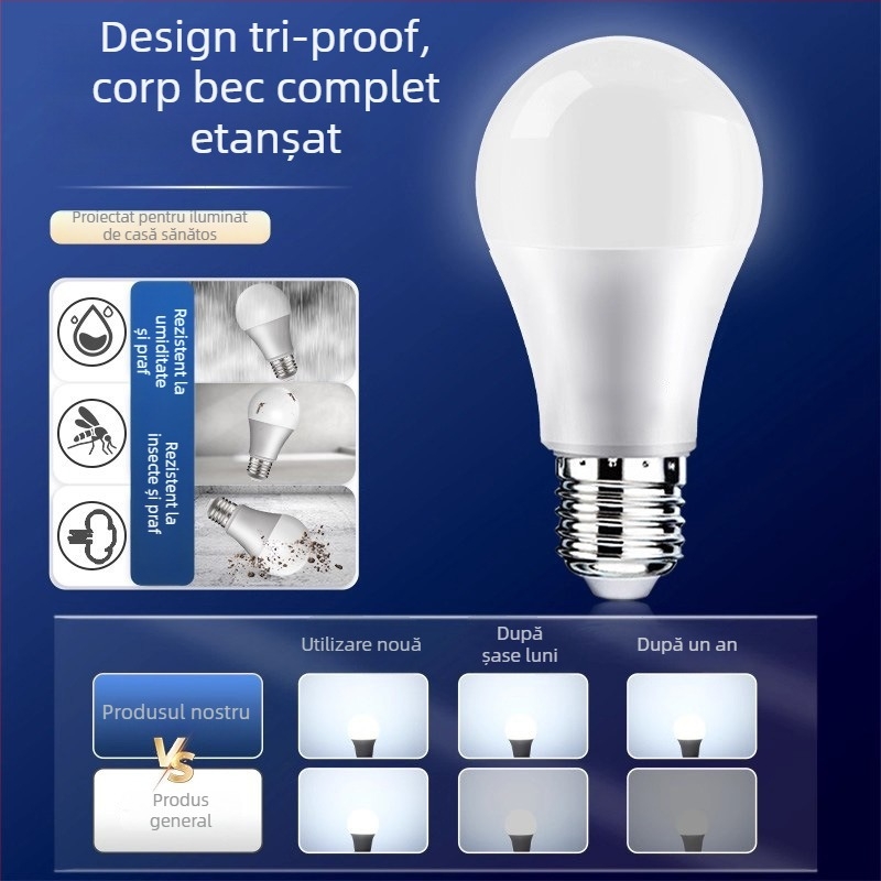 Bec LED cu tensiune largă 110–127–220–85–265V, economisire energie, soclu E27, 1800 lm, fascicul 180°, IP42, PF 0.5, corp plastic-aluminiu, utilizare casnică, garanție 2 ani