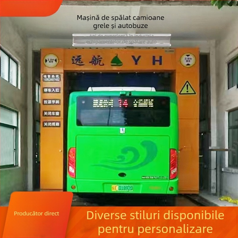 Sistem automat de spălare pentru autobuze mari, cu structură portalană şi curățare inteligentă la înaltă presiune