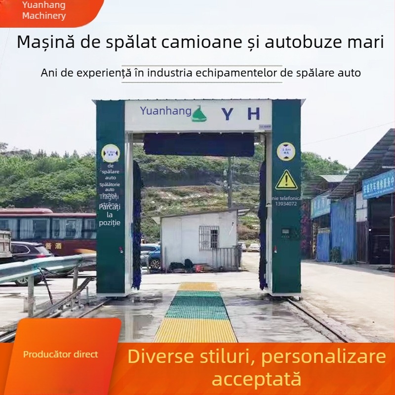 Sistem automat de spălare pentru autobuze mari, cu structură portalană şi curățare inteligentă la înaltă presiune