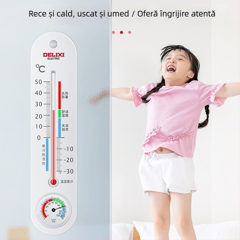 Delixi Electric termometru și higrometru interior, cu tub de sticlă, măsurare a temperaturii uscate și umede, precis