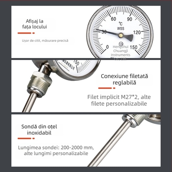 Termometru bimetalic industrial cu sondă din oțel inoxidabil, sondă prelungită, precizie înaltă
