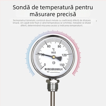 Termometru bimetalic industrial cu sondă din oțel inoxidabil, sondă prelungită, precizie înaltă