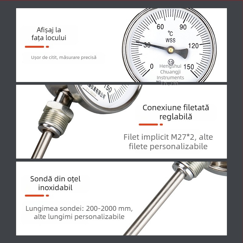 Termometru bimetalic industrial cu sondă din oțel inoxidabil, sondă prelungită, precizie înaltă