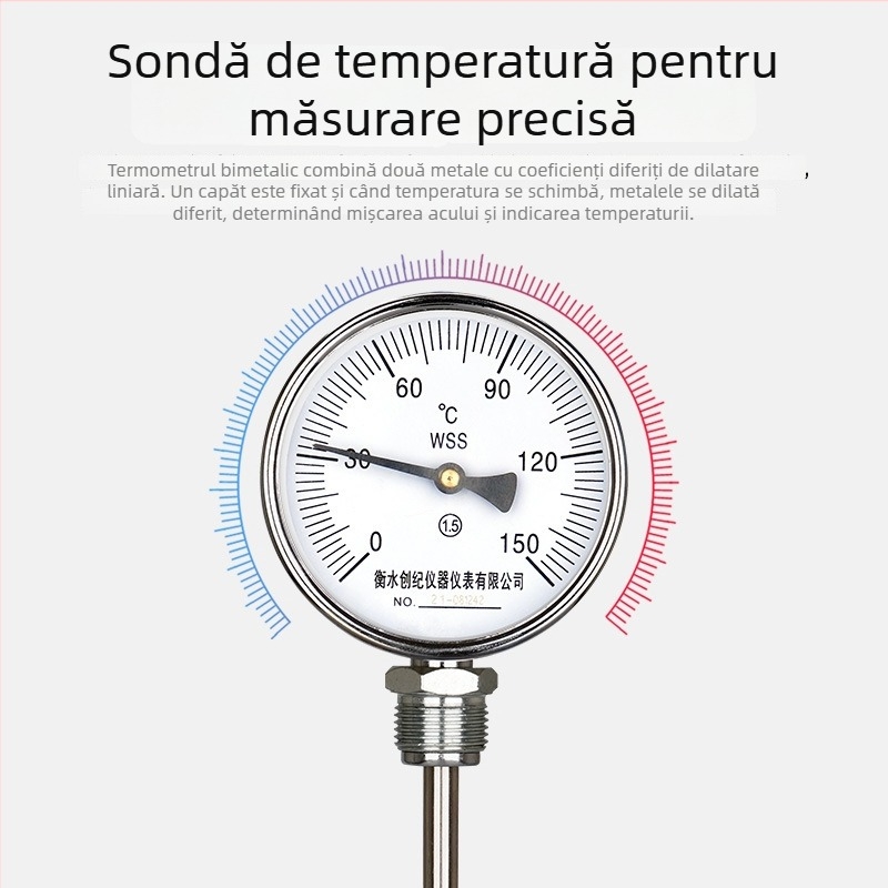 Termometru bimetalic industrial cu sondă din oțel inoxidabil, sondă prelungită, precizie înaltă
