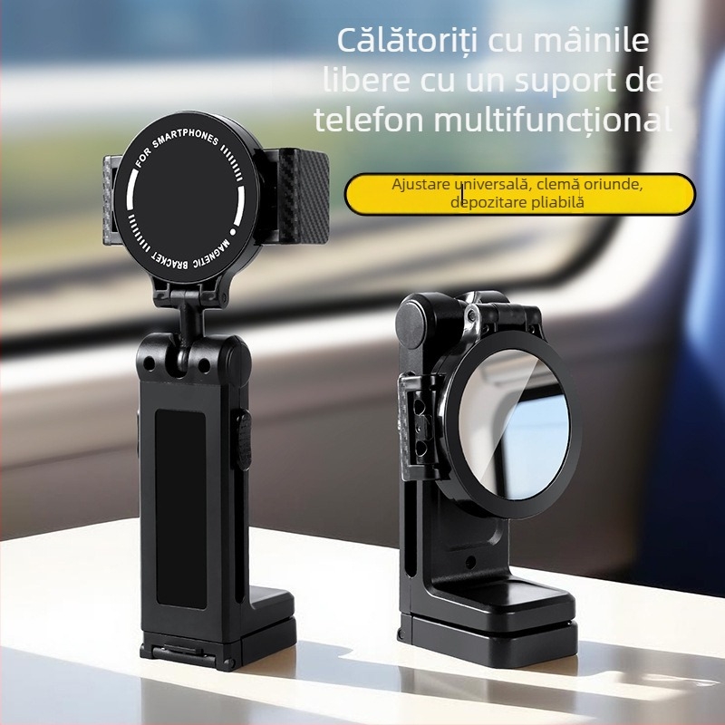 Suport portabil pentru telefon pentru călătorii, suport de masă pliabil cu rotire la 360°, clips magnetic cu utilizare dublă pentru avion și tren de mare viteză