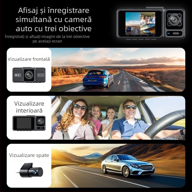 Cameră de bord 4K cu trei lentile: față, interior și spate, conectivitate smartphone și monitorizare parcare