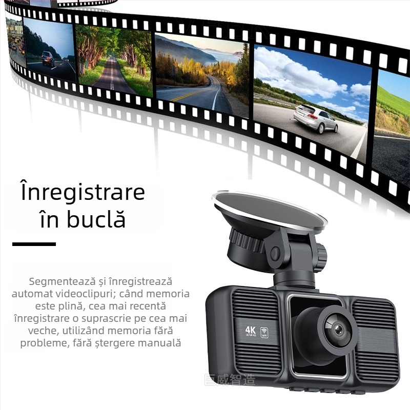 Cameră de bord 4K cu trei lentile: față, interior și spate, conectivitate smartphone și monitorizare parcare