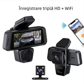 Camera auto de 3,16 inch cu trei lentile: față, spate și interior, HD vedere de noapte, unghi larg, conectivitate Wi-Fi cu smartphone