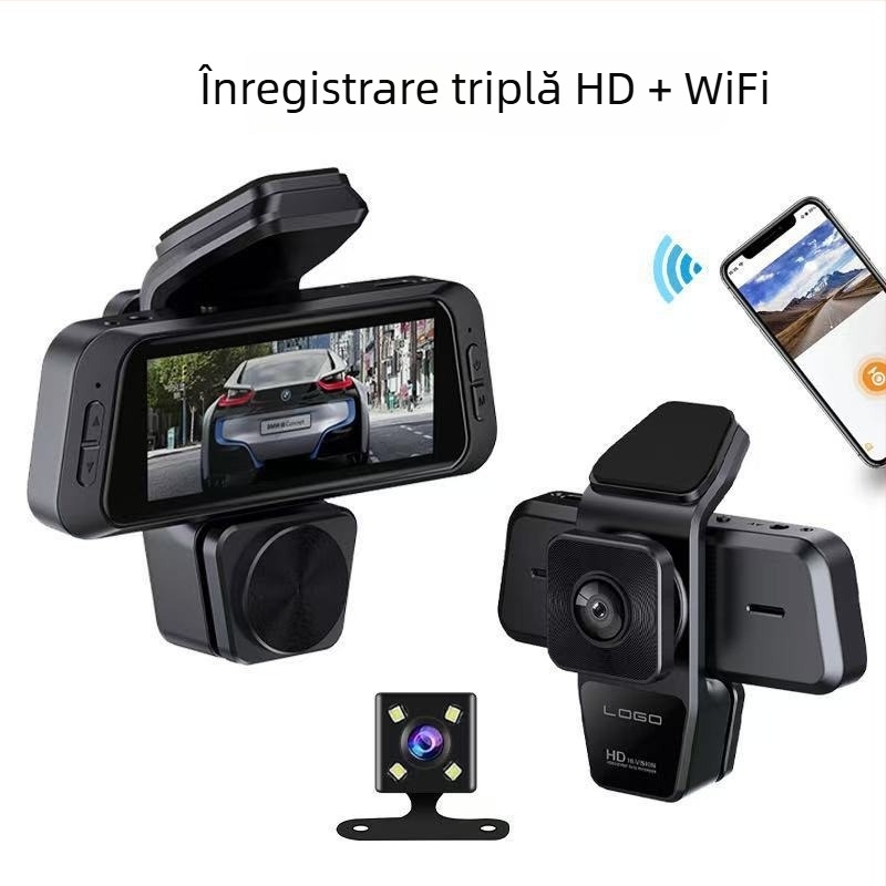 Camera auto de 3,16 inch cu trei lentile: față, spate și interior, HD vedere de noapte, unghi larg, conectivitate Wi-Fi cu smartphone