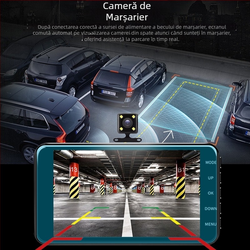 Dashcam HD cu obiectiv dual, ecran din sticlă 2.5D, DVR ascuns de 4 inch cu imagine de mers înapoi