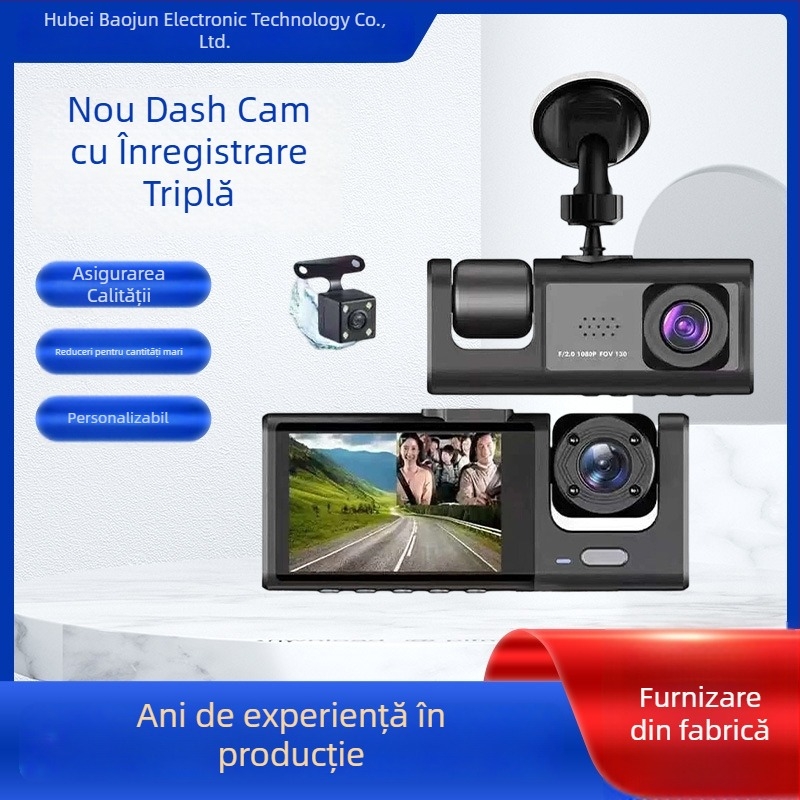 Dashcam cu trei canale: înregistrare față, interior și spate, 1080p HD unghi larg, înregistrare în buclă