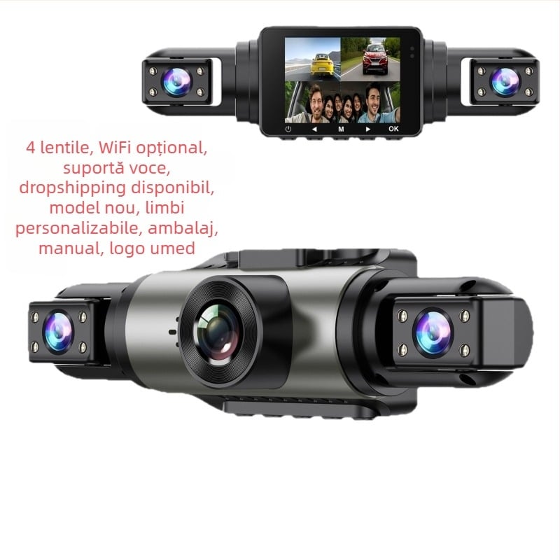 Camera auto ascunsă cu patru lentile, control vocal, camere față, interior și spate, Wi-Fi, IPS HD și DVR