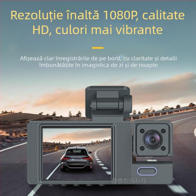 Camera de bord cu trei lentile: față, interior și spate, 1080p, ecran de 2,0 inch, unghi de vizualizare 140°, înregistrare în buclă, monitor parcare, detecție de mișcare, montaj pe parbriz