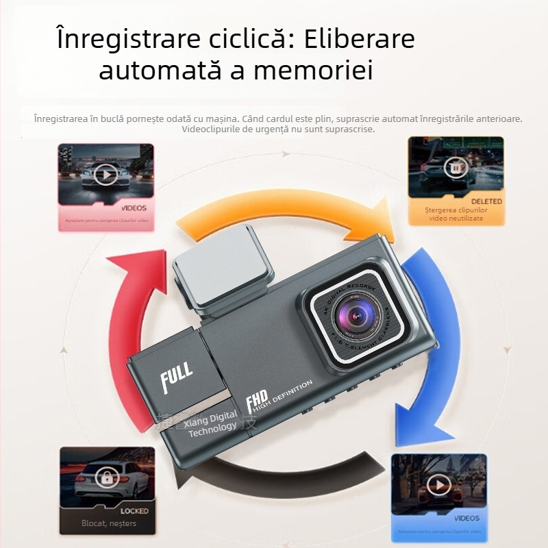 Camera de bord cu trei lentile: față, interior și spate, 1080p, ecran de 2,0 inch, unghi de vizualizare 140°, înregistrare în buclă, monitor parcare, detecție de mișcare, montaj pe parbriz