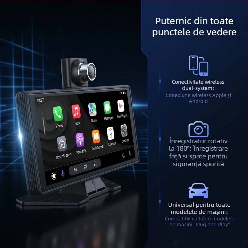 Display auto portabil de 10,26 inch cu navigație, DVR, cameră de backup și Bluetooth CarPlay fără fir
